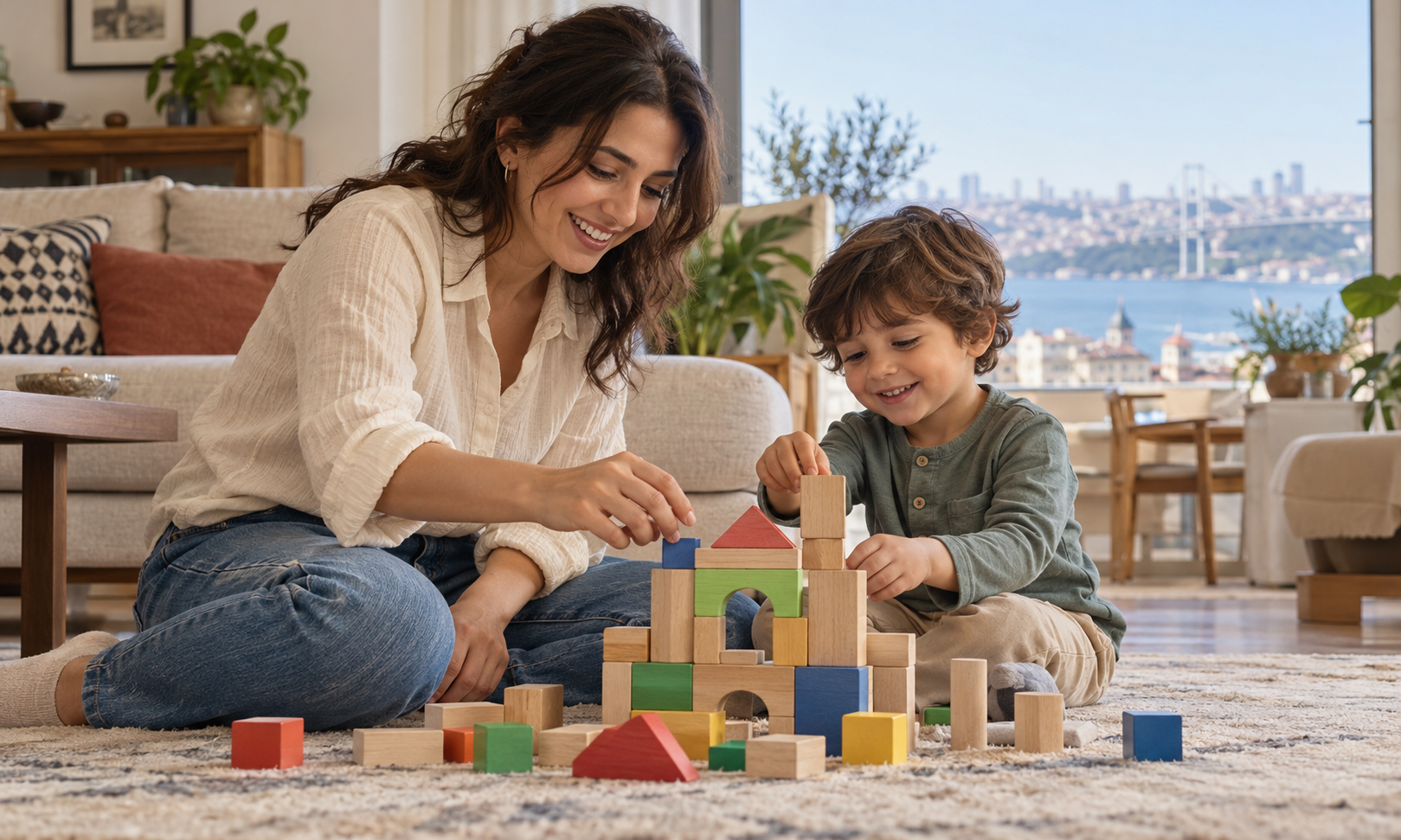Çocukla birlikte eğitici oyun oynayan bakıcı